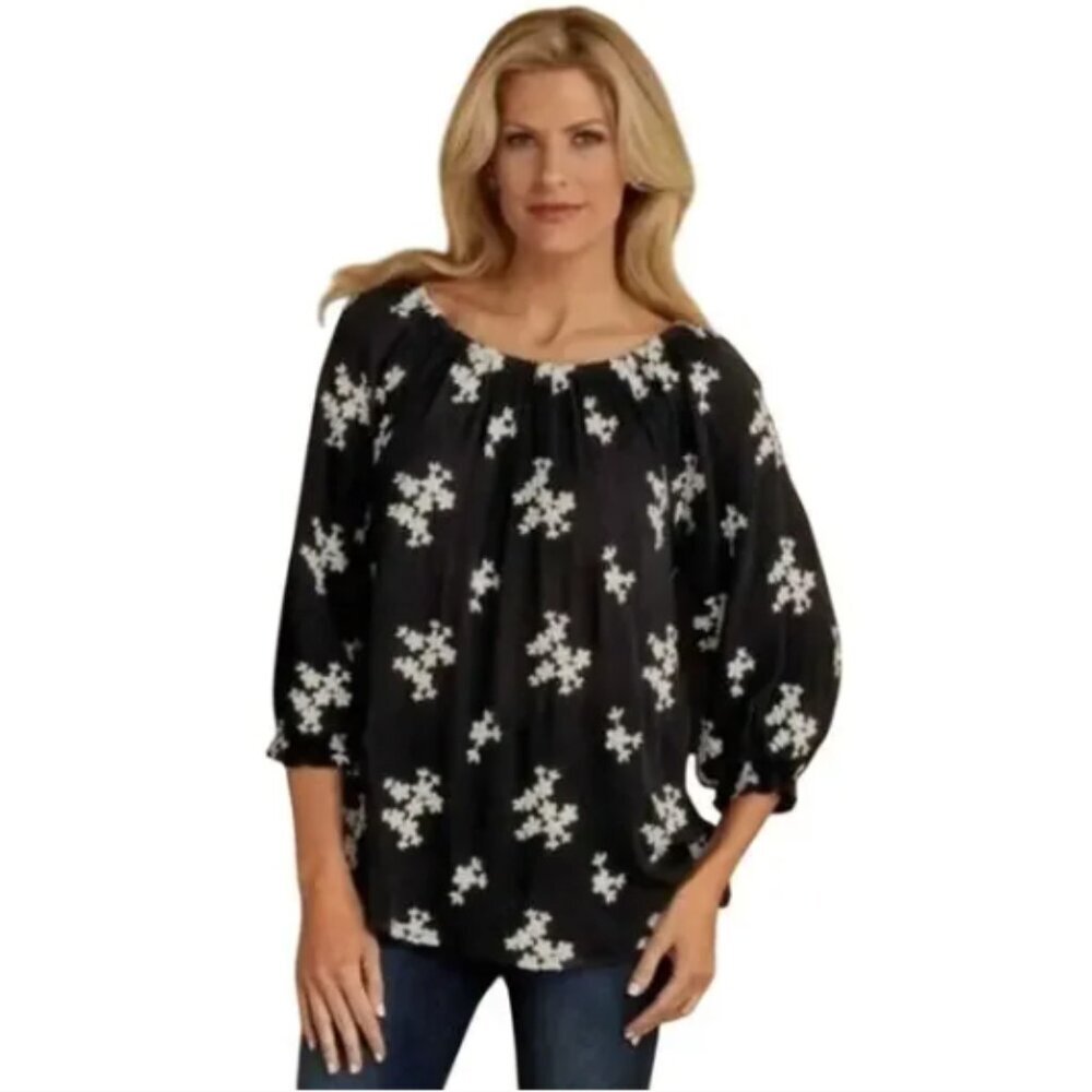 Soft Surroundings Avignon Off Shoulder Top Embroidered Flowers M Black #206H